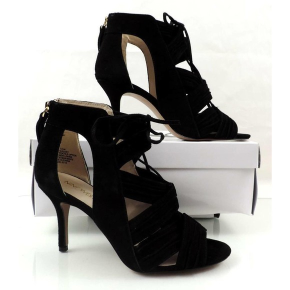 Nine West GALAXY Peep-Toe Lace-up Mid Heel Sandals Back Zip Suede Black Size 7.5 - Picture 8 of 8